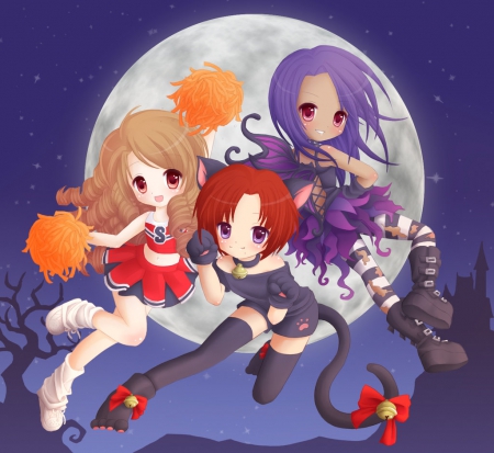 Chibi - pretty, anime, kawaii, female, children, night, long hair, child, float, chibi, jump, nice, moon, anime girl, kid, girl, lovely, sweet, cheerleader, cheer leader, cute, adorable