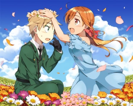 ♡ Couple ♡ - pretty, female, hetalia, nice, breeze, gown, hot, love, flower, wind, cute, sexy, anime, windy, dress, guy, long hair, boy, male, r, ribbon, hetalia axis power, sky, anime girl, girl, lovely, brown hair, sweet, handsome, axis powers, cloud, lover, couple