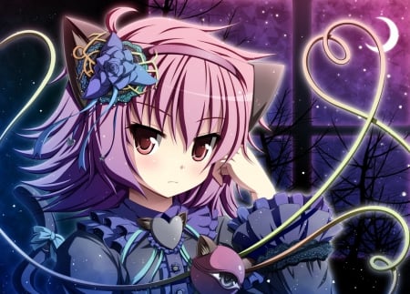 aoi rosa the moon princess - moon, anime, pretty girl, cute girl, pink hair, red eyes, blue  flower, cat ears