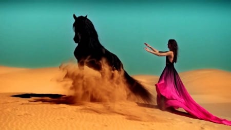 Passionata - woman, girl, serene, photography, wallpaper, gown, horse, beautiful, girl and horse, desert