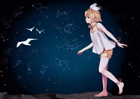 Rin Kagamine - anime, anime girl, vocaloid, birds, blonde hair, lovely, stars, short hair, shirt, rin kagamine, bow, art