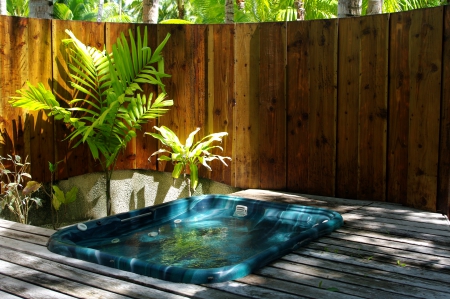 Jacuzzi hot tub at paradise island Bora Bora - relaxation, pacific, society, jacuzzi, room, island, french, polynesia, tahiti, tub, villa, holiday, hotel, hut, south, luxury, water, spa, hot, resort, suite, islands, bora bora