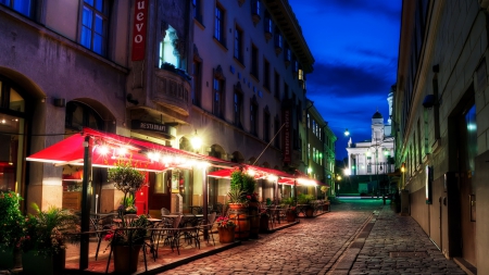 restaurant on a side street in helsinki - street, restaurant, lights, city, night