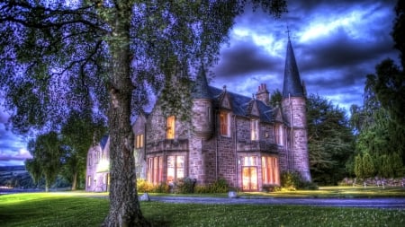 wonderful bunchrew house in inverness scotland hdr - lawn, trees, clouds, mansion, driveway, hdr, lights