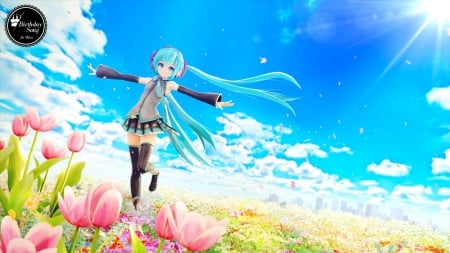 Hatsune Miku - clouds, tie, anime, skirt, hatsune miku, lovely, cool, long hair, flowers, wind, blue eye, blue hair, nice, sky