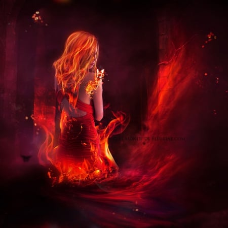 Fire of the past - burn, abstract, sadness, alone, fallen, darkness, fantasy, fire, butterfly