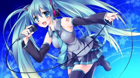 Hatsune Miku - singing, tie, anime, anime girl, vocaloid, skirt, hatsune miku, long hair, microphone, blue hair