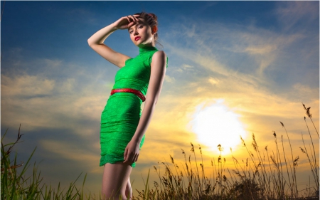 Fashion model - sunsets, sky, model, woman, green