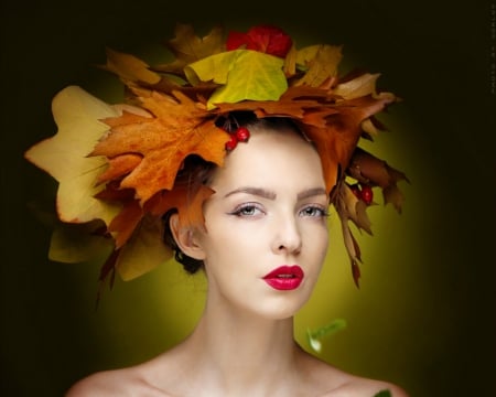 Autumn beauty - face, style, leaf, woman, autumn