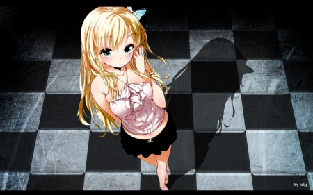 Sena Kashiwazaki - skirt, female, shirt, anime girl, butterfly, sena kashiwazaki, blonde hair, looking, anime, blush, shadow