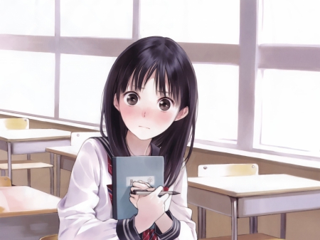 Kishida Mel - nice, surpised, desk, black hair, kawaii, lovel, classroom, schoolgirl, books, blush, kishida mel, cute