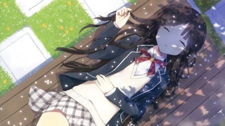 Asleep - lie, cute, brown hair, anime, anime girl, sleeping, unifrom