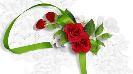 Simple Love - blossoms, summer, lace, leaves, raspberries, ribbon, bow, roses, red rose, blooms