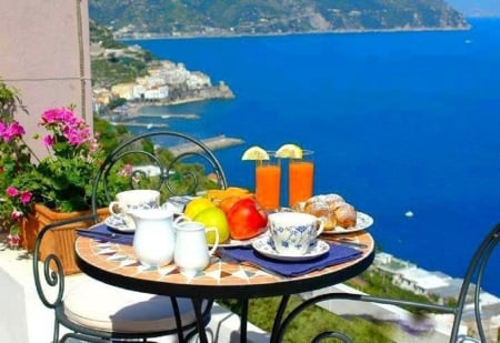 tea time at balcony with view - tea time, view, balcony, sea