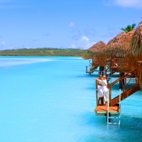 Aitutaki Cook Islands Water Villa Bungalow on Blue lagoon sea ocean