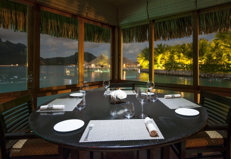 Romantic Dining at Bora Bora Paradise Island - pacific, paradise, sun, dining, dark, evening, table, food, south, moonlight, dusk, islands, tropical, set, for, eat, society, sea, retreat, beach, polynesia, french, bora bora, lagoon, resort, sand, dinner, two, ocean, lunch, exotic, island, twilight