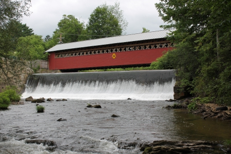 Burt Henry Covered Bridge - water, waterfall, rocks, bennington, covered, cloudy, classic, vermont, old, bridge