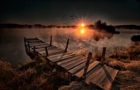 Misty view - sunset, view, Misty, lake, bridge