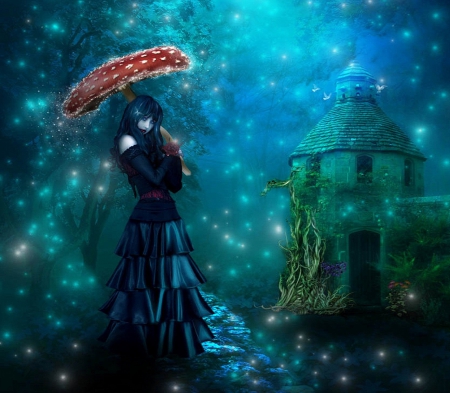 âœ«Marvel Rainâœ« - photomanipulation, mushroom, hair, rains, fantasy, model, creative pre-made, pretty, digital art, house, vines, butterflies, attractions in dreams, stars, giltters, girl, magical, beautiful girls, lovely, love four seasons, weird things people wear, backgrounds, beautiful, flowers, skirts