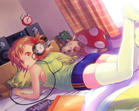 Anime Girl - girl, headphones, room, anime, awesome