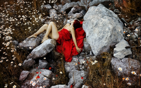 Sadness - sad, red dress, rocks, woman