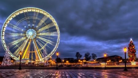 ferris wheel at christmas - ferris wheel, light, night, tree, christmas