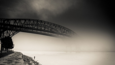 mystical bridge into the fog - bank, river, fisherman, fog, bridge