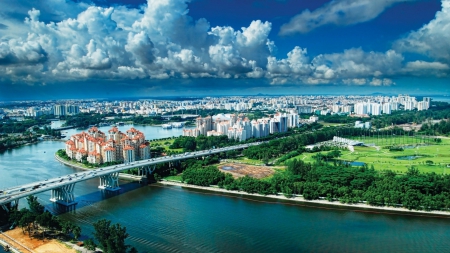 clouds over a river bridge in singapore - river, clouds, city, park, bridge