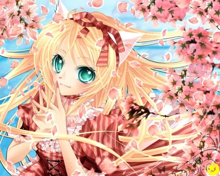 Midzuki - anime, blue, cherry, beautiful, girl, blonde hair, beauty, pink, sweet, nekogirl, tree, cat, cute, sky