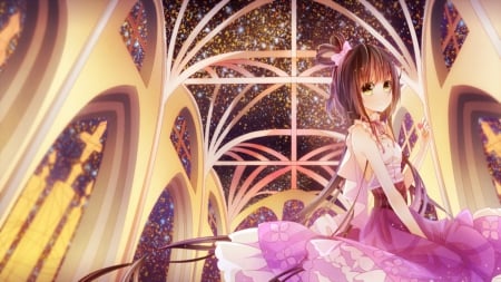 Vocaloid - glass, pink, cute, beauty, beautiful, sweet, anime, church, stars, girl, night, dress, white, tie