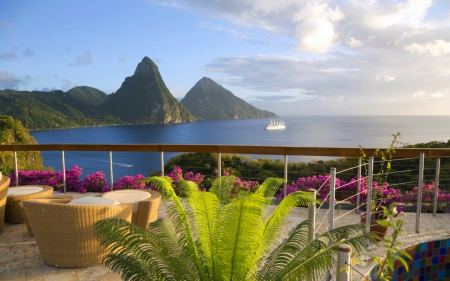  Terrace View - islands, the sea, sailboat, ocean, mountains, terrace chairs