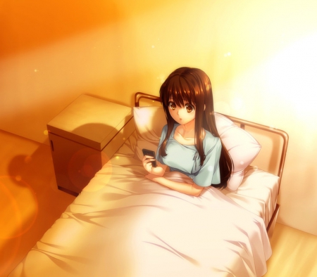 BedRoom - pretty, anime, female, maiden, light, long hair, bed, sparks, nice, anime girl, hot, girl, lovely, brown hair, bedroom, sweet, glow, lady, cute, sexy