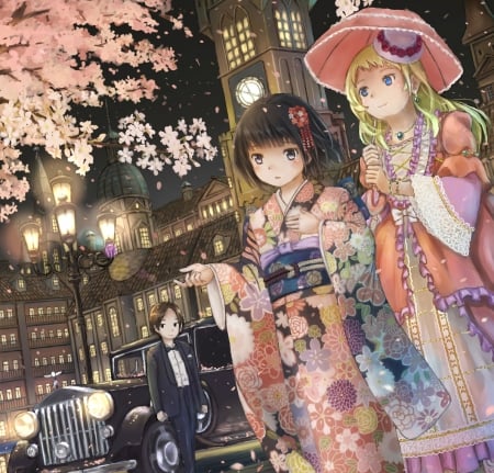 City at Night - pretty, female, blossom, children, night, light, child, umbrella, nice, house, gown, kid, city, kimono, flower, petals, yukata, cute, floral, building, anime, kawaii, town, dress, guy, home, boy, male, car, anime girl, girl, lovely, sweet, motorcar, adorable