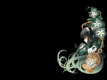 Green Flower - pretty, anime, female, maiden, green hair, long hair, cage, plain, hd, nice, abstract, anime girl, hot, girl, simple, lovely, sweet, flower, black, lady, green, cute, floral, sexy