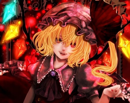 Flandre Scarlet - scary, female, hot, creepy, eerie, blond, wings, evil, anime girl, gloom, scarlet, red eyes, touhou, sparks, blonde hair, sinister, flandre, anime, horror, cute, short hair, flandre scarlet, sexy, creep, gloomy, girl, light, bolonde, glow, scare, wing, fairy