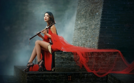 The Flute Player - flute, woman, girl, photography, fashion, wallpaper, elegant, gown, model, exotic, musician, beautiful, dress