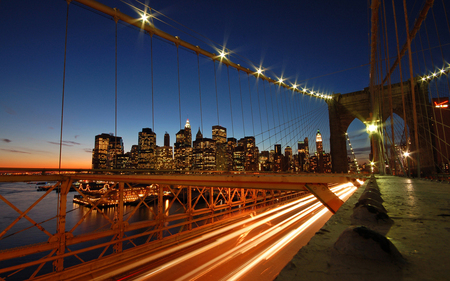 Rush Hour - city, night, buildings, rush, fast, lights, moving, late, day, hour, bridge