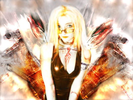 Gift Gas - explosion, glasses, woman, fire, blond, wings