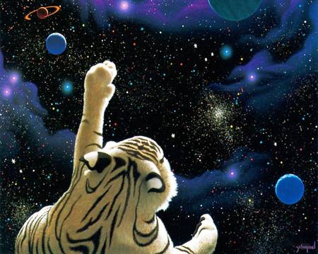 Goodbye Forever - planets, sky, art, waving goodbye, tiger, space