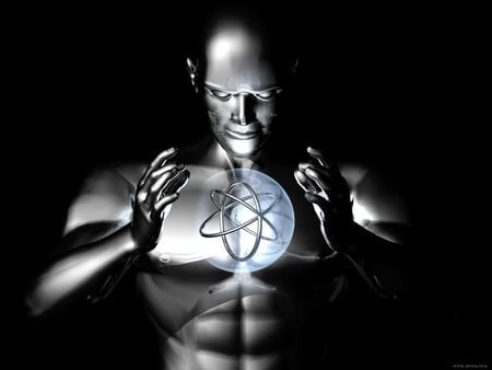 Harness the Atom - controll, science, atom, man, metalic