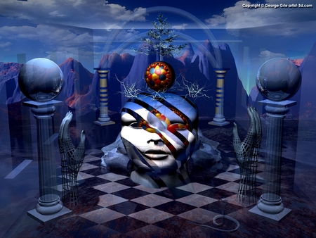 Fantasy Desquise - pillars, abstract, fantasy, globes, checkerboard, spheres, face