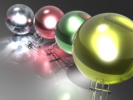 All in a row - spheres, shiney, metal stands, glass balls