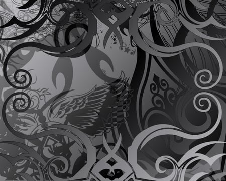 Grey Abstract - black, grey, vines, wings, swirls