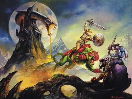 Heman and Skeletor - moon, battle, warrior, protector, evil, mountain