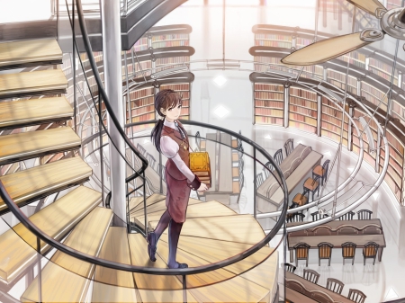 Library - stairs, library, skirt, female, anime girl, brown hair, working, anime, books