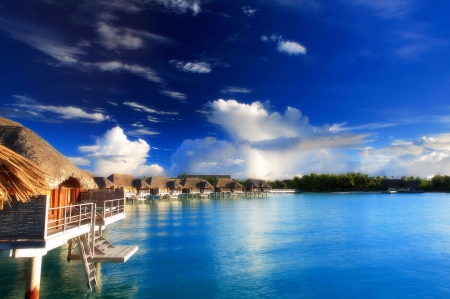 Four Seasons Resort Bora Bora Polynesia - water villas over blue lagoon ocean - tropical island - pacific, society, sand, polynesia, tahiti, lagon, villa, holiday, bungalow, atoll, exotic, seasons, paradise, hotel, south, hot, four, tropical, retreat, villas, blue, beach, island, french, sun, bungalows, water, spa, sea, resort, ocean, islands, bora bora