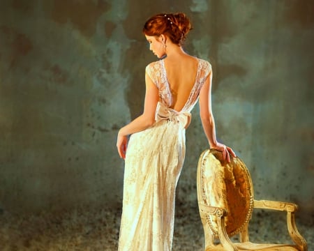 Fashion model - back, woman, model, fashion, lace, chair