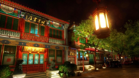 wonderful house facade in china - street, houses, night, facade, writing, town, lantern, store, tree, colors, lights