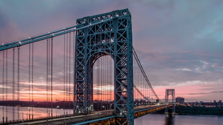 the mighty george washington bridge at dusk - dusk, rivver, lights, bridge