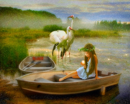 Girl with magic ball - ball, lake, swan, boat, girl